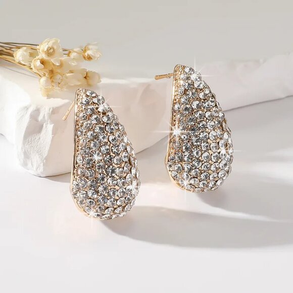 3/$35 Gold Tone Pave Rhinestone Crystal Drop Hoop Earrings Statement Sparkle - Picture 4 of 6